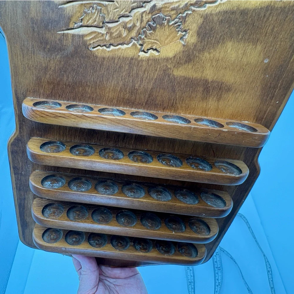 Vintage Wooden Thimble Rack Display with Carved Water Wheel Mill Design